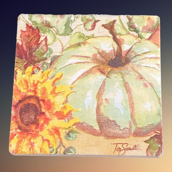 Fall Pumpkin Ceramic Coasters in Wooden Holder set of 4 New handmade 3.5" x 3.5" - Picture 3 of 3